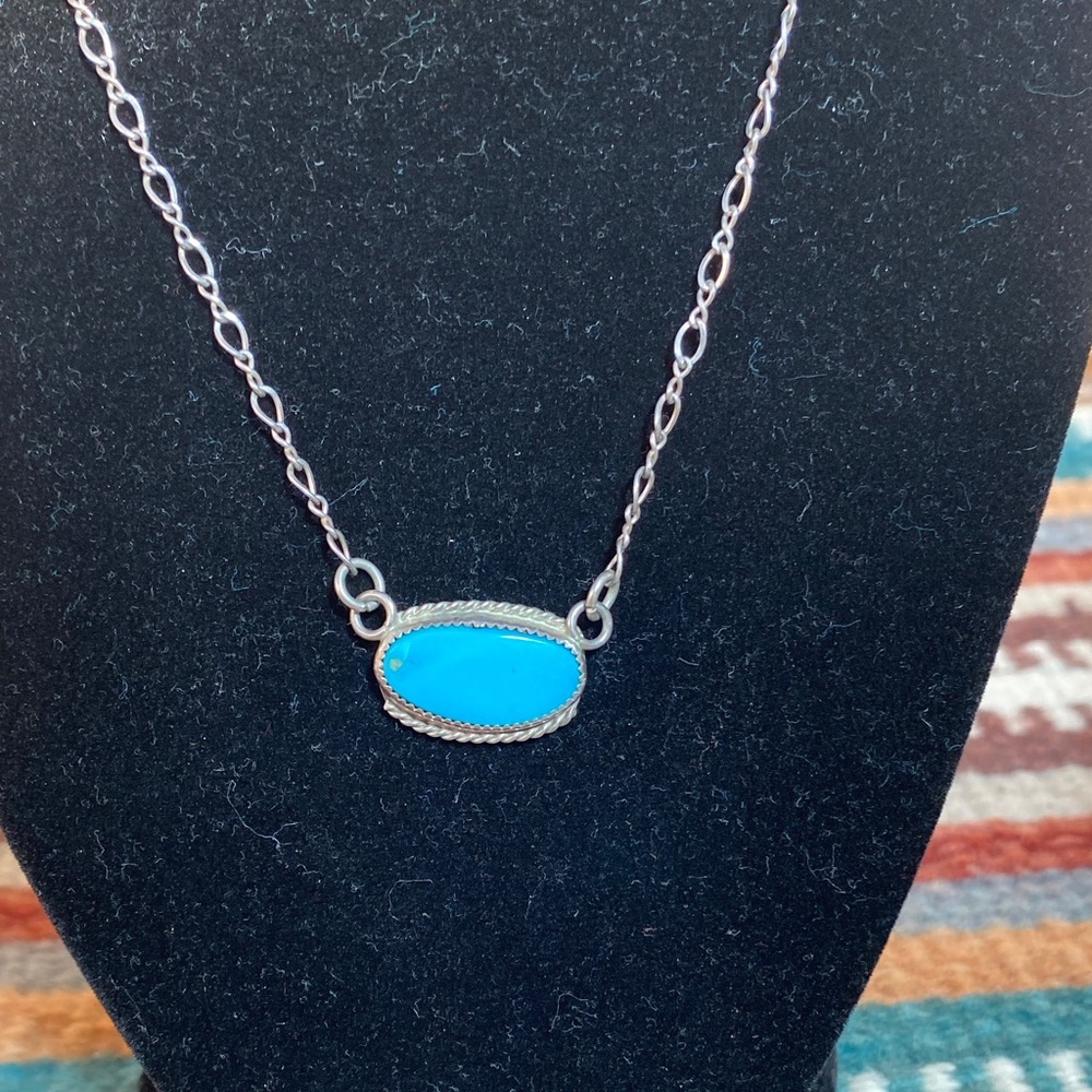 Silver Chain Necklace with Bright Turquoise Oval Stone Pendant - Picture 3 of 4